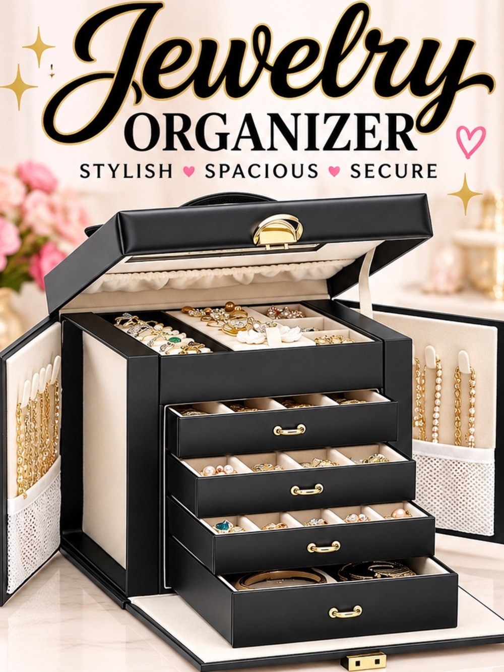 5-Layer Black Jewelry Organizer Box with Lock & Drawers